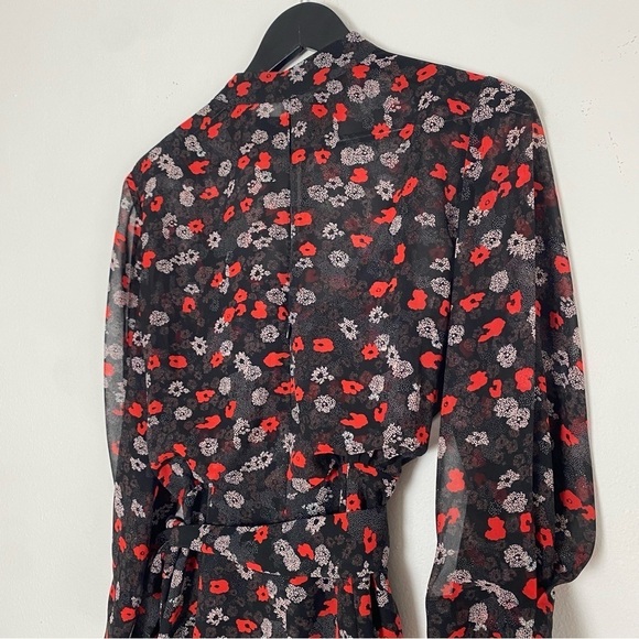 REISS Ladies Red Mix Ditsy Floral PEONY Sheer Lined Tie Waisted Party Dress US8 - Picture 10 of 16